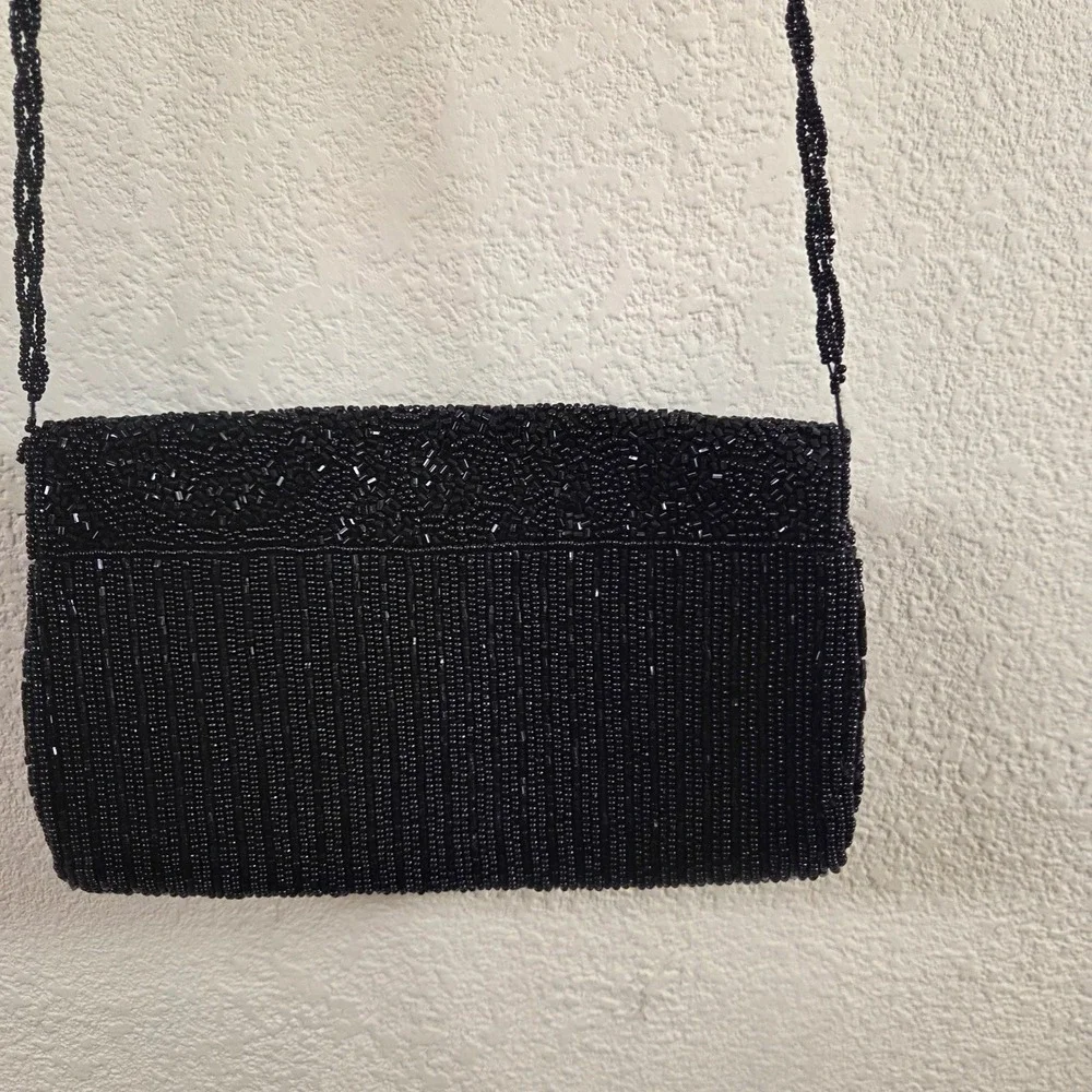 La Regale Black Beaded Evening Bag Crossbody Clutch Vintage Style Swirl Pattern